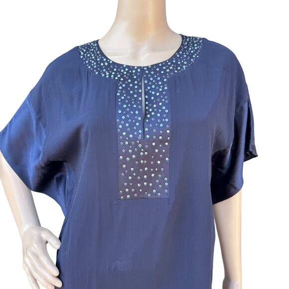 St. John Evening 8 Navy Silk Embellished Jeweled Maxi Dress Batwing Sleeve - Picture 2 of 8